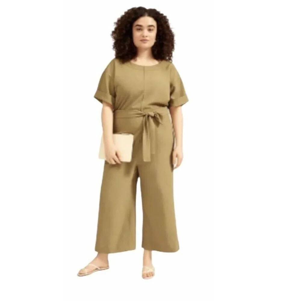 Everlane Japanese GoWeave Size 00 Olive Green V Neck Wide Leg Jumpsuit Romper